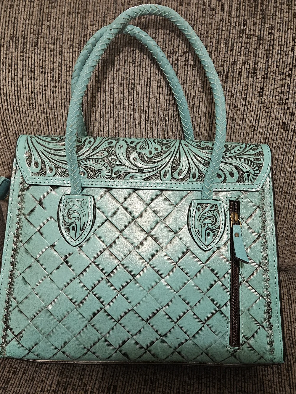 Turquoise Tooled Leather Satchel Handbag with Pink Chain Accent